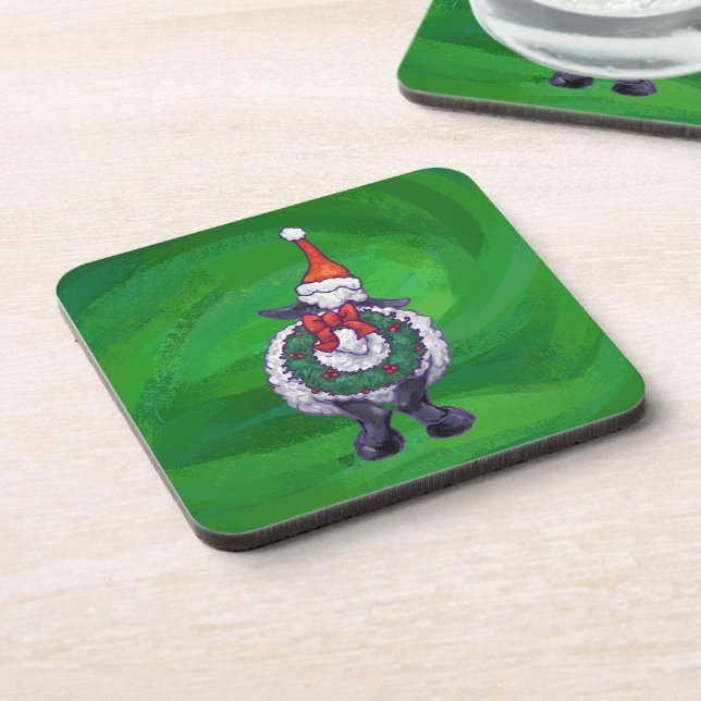 Cute Sheep in Santa Hat On Green Coaster (Left Side)