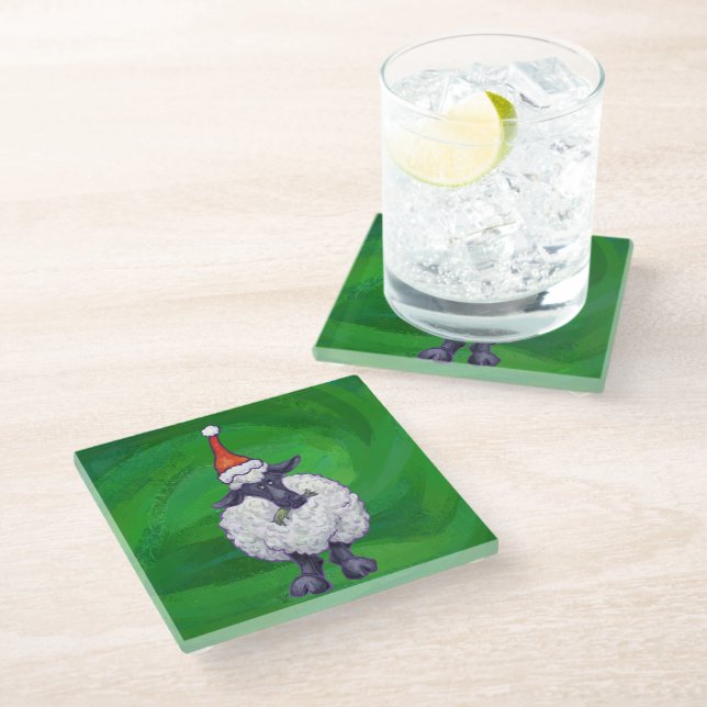 Cute Sheep in Santa Hat On Green Glass Coaster (Angled)