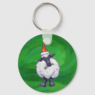 Cute Sheep in Santa Hat On Green Key Ring