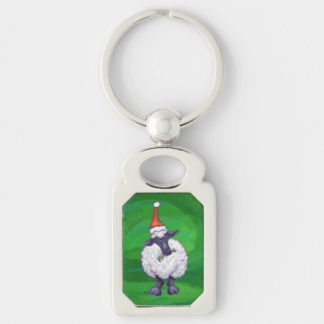 Cute Sheep in Santa Hat On Green Key Ring (Front)