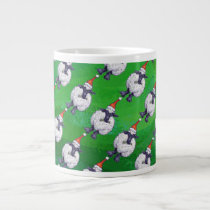 Cute Sheep in Santa Hat On Green Large Coffee Mug