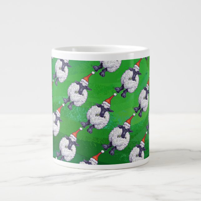 Cute Sheep in Santa Hat On Green Large Coffee Mug (Front)