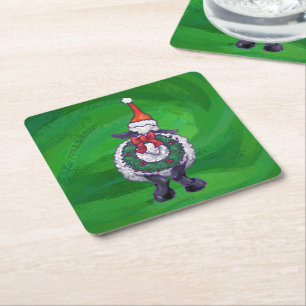 Cute Sheep in Santa Hat On Green Square Paper Coaster
