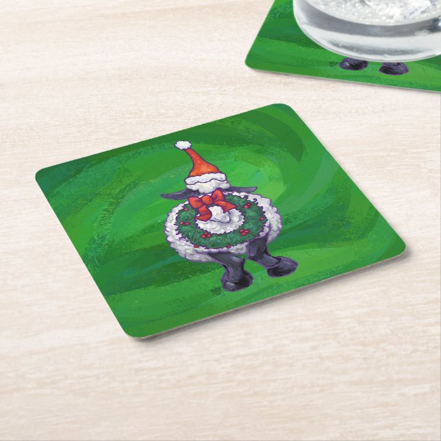 Cute Sheep in Santa Hat On Green Square Paper Coaster (Angled)