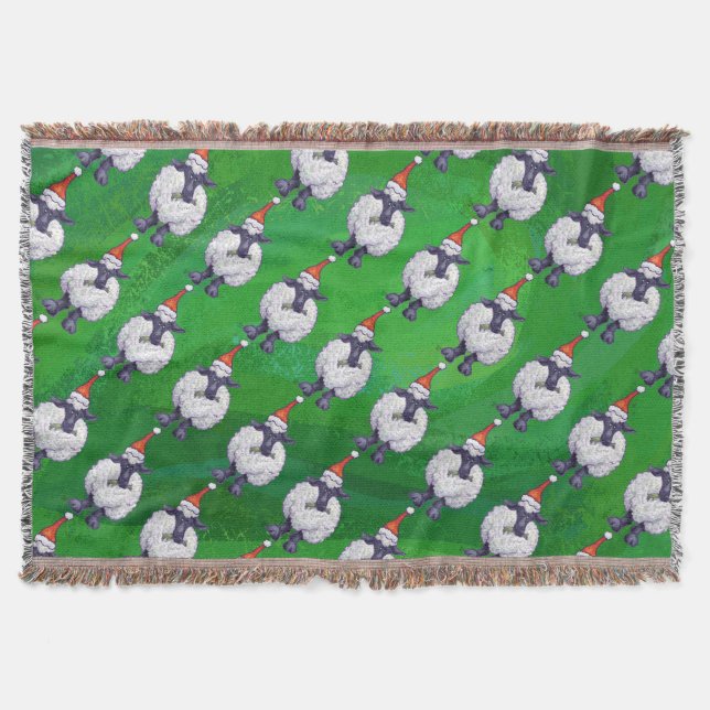 Cute Sheep in Santa Hat On Green Throw Blanket (Front)