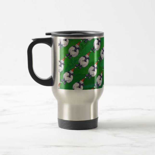 Cute Sheep in Santa Hat On Green Travel Mug (Left)