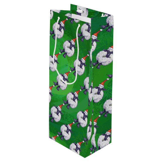 Cute Sheep in Santa Hat On Green Wine Gift Bag (Front Angled)