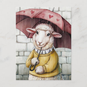 Cute Sheep in Yellow Sweater With Umbrella Postcard