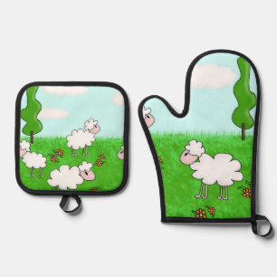 Cute Sheep Kids Illustration Oven Mitt & Pot Holder Set