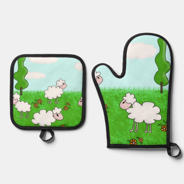 Cute Sheep Kids Illustration Oven Mitt & Pot Holder Set (Front)