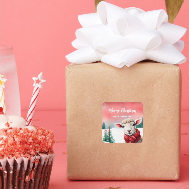 Cute Sheep Lama Santa Christmas party kid Square Sticker (Party)