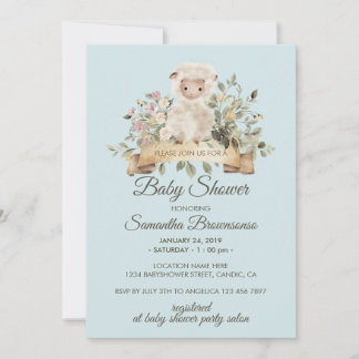 Cute Sheep Lamb Botanical Blue Baby Shower Invitation