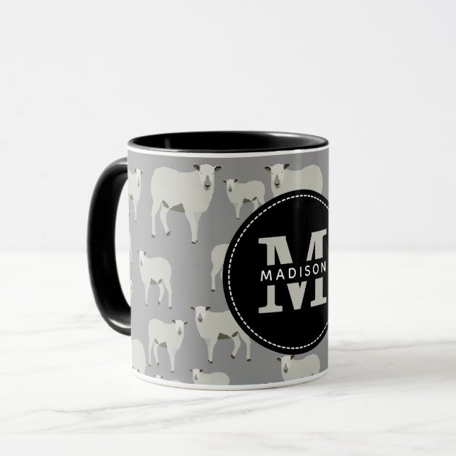 Cute Sheep & Lamb Farm Animal Pattern Monogram Mug (Front Left)