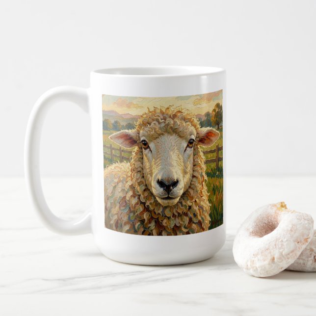 Cute Sheep on a Ranch  & Ewe, People Quote Coffee Mug (With Donut)