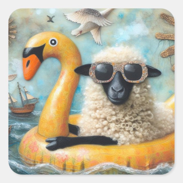 Cute Sheep on Yellow Swan Floatie Square Sticker (Front)