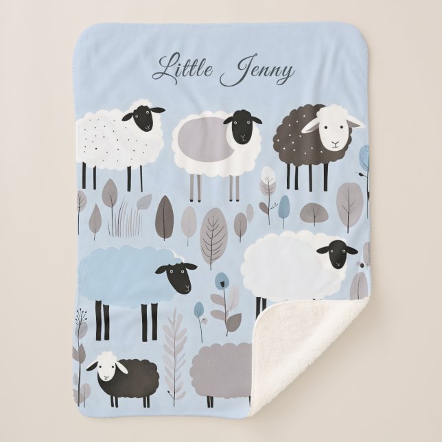 Cute Sheep Pastel Blue Colours Minimal Personalise Sherpa Blanket (Front)