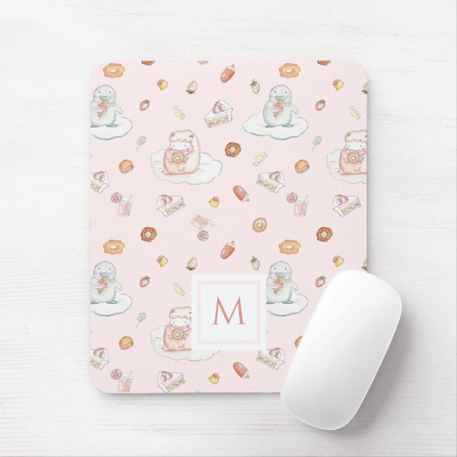 Cute Sheep & Penguin Sweets Pattern Pink Monogram Mouse Mat (With Mouse)