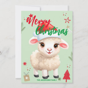 Cute sheep RAM santa Christmas Holiday Family name Card