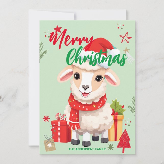 Cute sheep RAM santa Christmas Holiday Family name Card (Front)