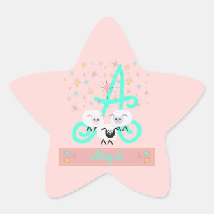 Cute Sheep & Stars Name & Initial Monogram Pink Star Sticker