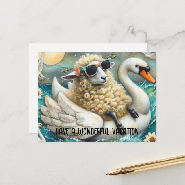 Cute Sheep Swan Floatie Have a Wonderful Vacation Postcard (Front/Back In Situ)