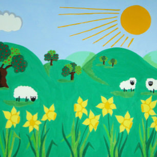 cute sheep trees hills blue sky and sun fun kids   jigsaw puzzle