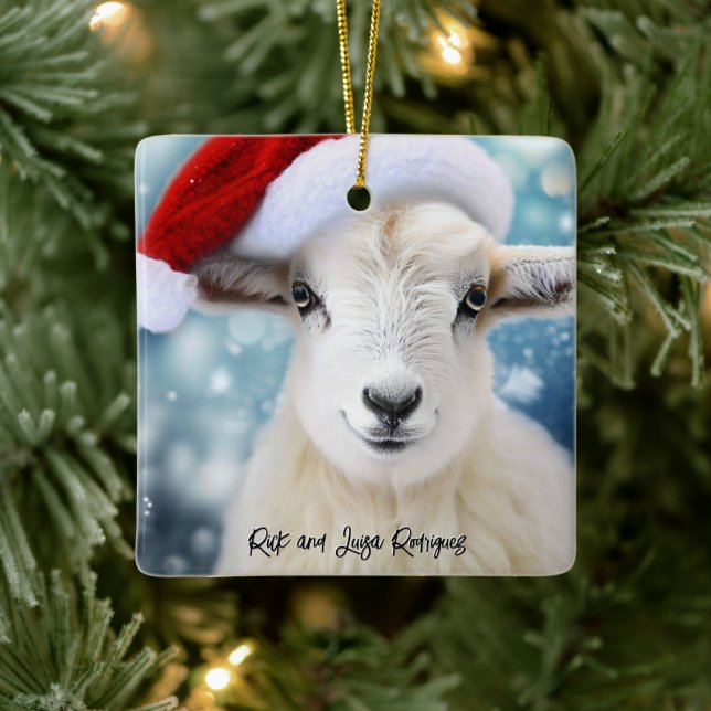 Cute Sheep Wearing Red Hat Christmas Ceramic Ornament (Tree)