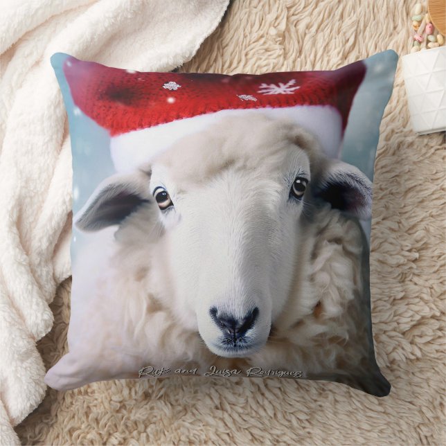 Cute Sheep Wearing Red Hat Christmas Cushion (Blanket)