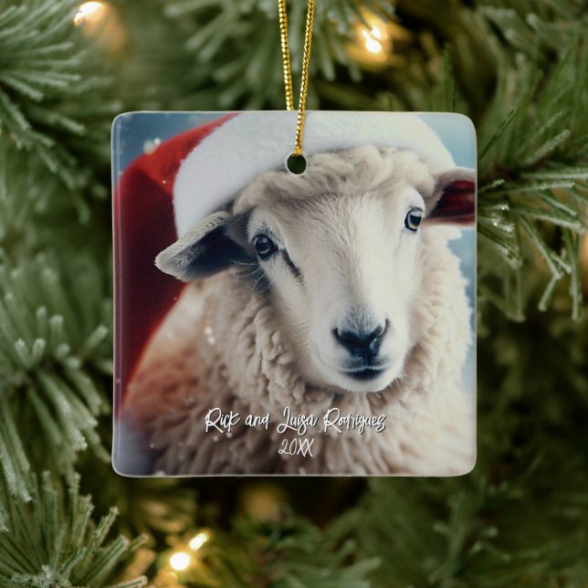 Cute Sheep Wearing Santa Hat Christmas Ceramic Ornament (Tree)
