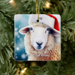 Cute Sheep Wearing Santa Hat Christmas Ceramic Ornament