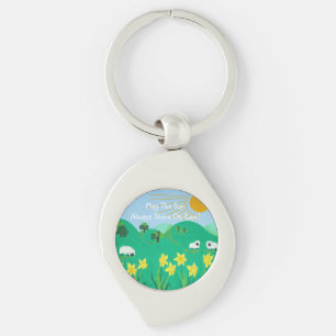 cute sheep with trees hills blue sky and  clouds key ring