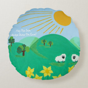 cute sheep with trees hills blue sky and  clouds round cushion