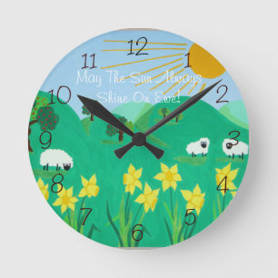 cute sheep with trees hills blue sky and daffodils round clock