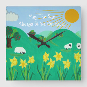 cute sheep with trees hills blue sky and daffodils square wall clock