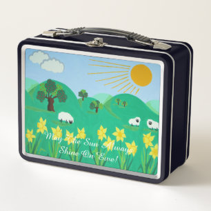 cute sheep with trees hills blue sky daffodils fun metal lunch box