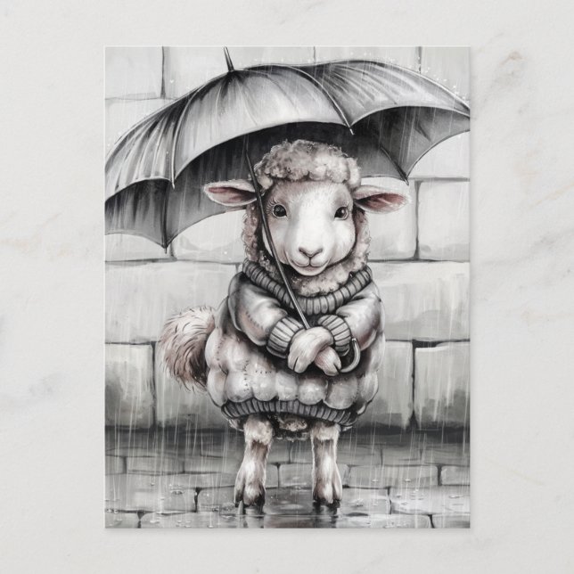 Cute Sheep With Umbrella Black and White Postcard (Front)