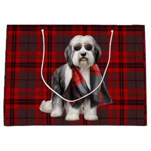 Cute Sheepdog and Red Plaid Funn Holiday Christmas Large Gift Bag