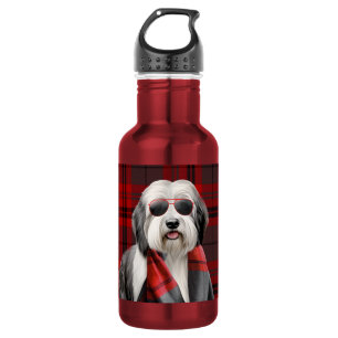 Cute Sheepdog in a Scarf with Red Plaid Funny 532 Ml Water Bottle