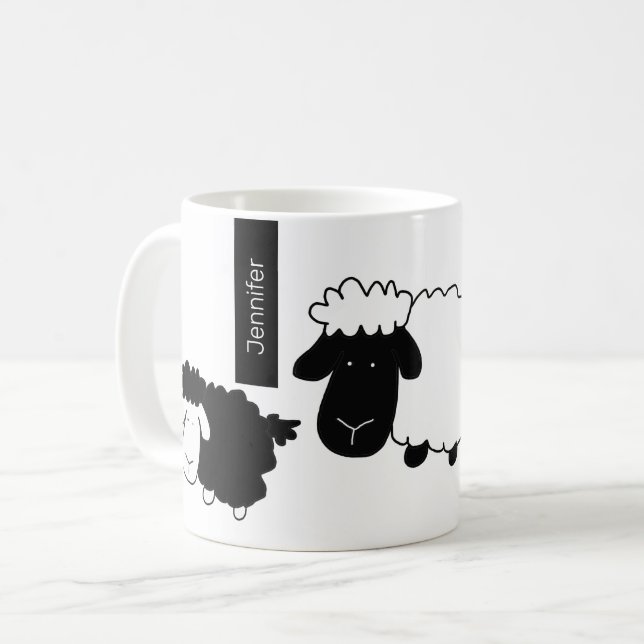 Cute Sheeps Illustration Black And White Coffee Mug (Front Left)