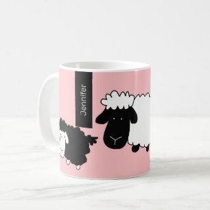 Cute Sheeps Illustration Black And White on Blush Coffee Mug