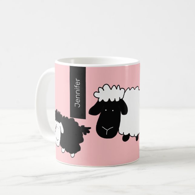 Cute Sheeps Illustration Black And White on Blush Coffee Mug (Front Left)