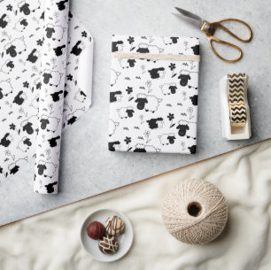 Cute Sheeps Illustration Black And White Wrapping Paper