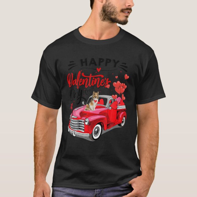 Cute Sheltie Dog Red Truck Happy Valentine s Day V T-Shirt (Front)