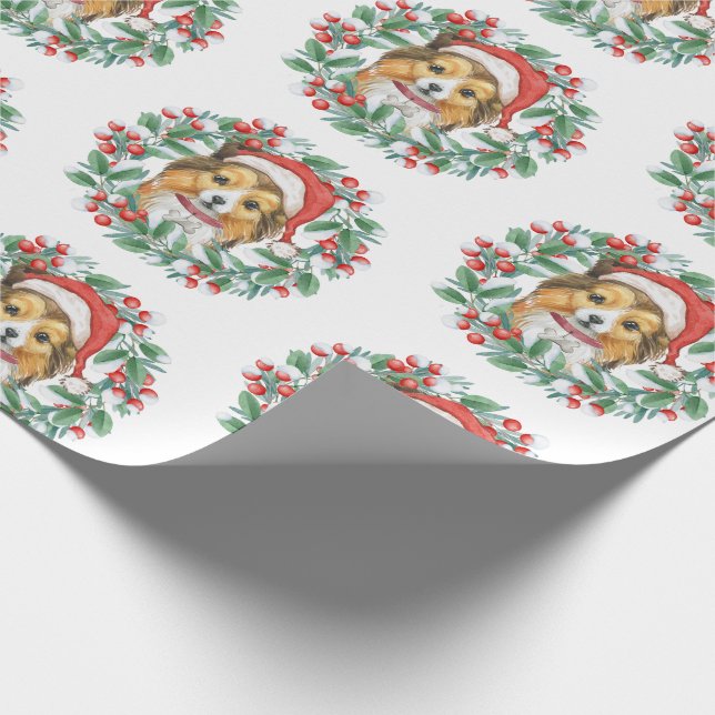 Cute Sheltie in Christmas Wreath Wrapping Paper (Corner)