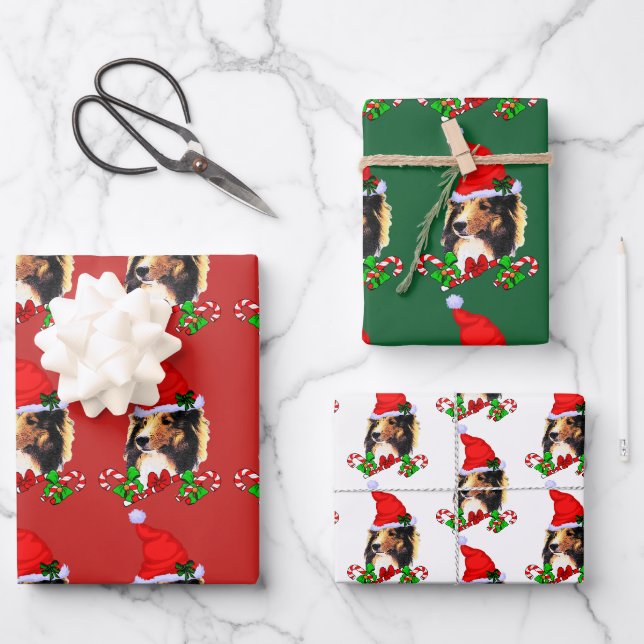 Cute Sheltie Santa Christmas Wrapping Paper Sheet (Front)