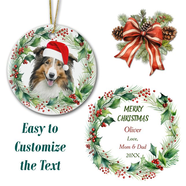 Cute Shetland Sheepdog Holly Wreath Christmas Ceramic Tree Decoration (Creator Uploaded)