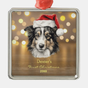 Cute Shetland Shepard Puppy Dog Santa Hat Paw Metal Tree Decoration