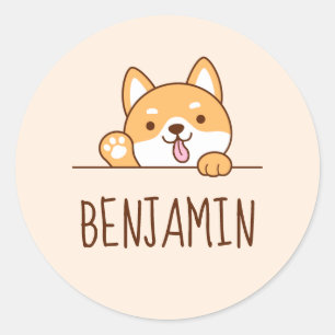Cute Shiba Inu Corgi Dog Peeking Custom Name Classic Round Sticker