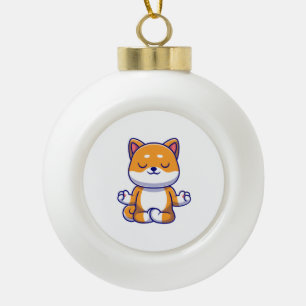 Cute shiba inu dog doing yoga meditation cartoon ceramic ball christmas ornament