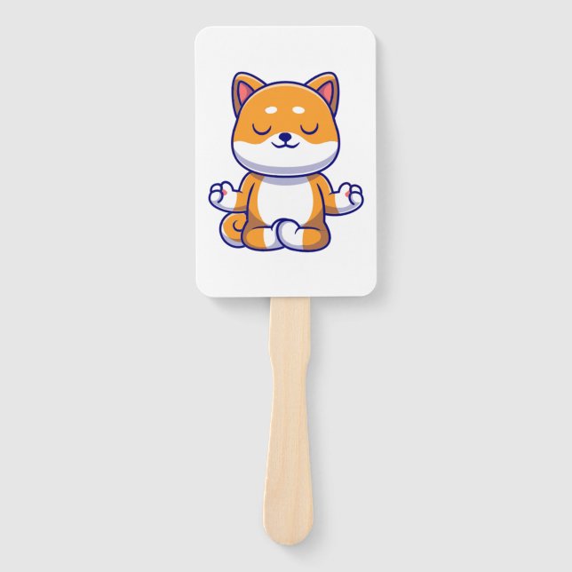 Cute shiba inu dog doing yoga meditation cartoon   hand fan (Front)